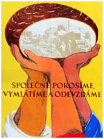 Propagandistický plakát z 50. let „Společně pokosíme, vymlátíme a odevzdáme“ (zdroj: Národní zemědelské muzeum)